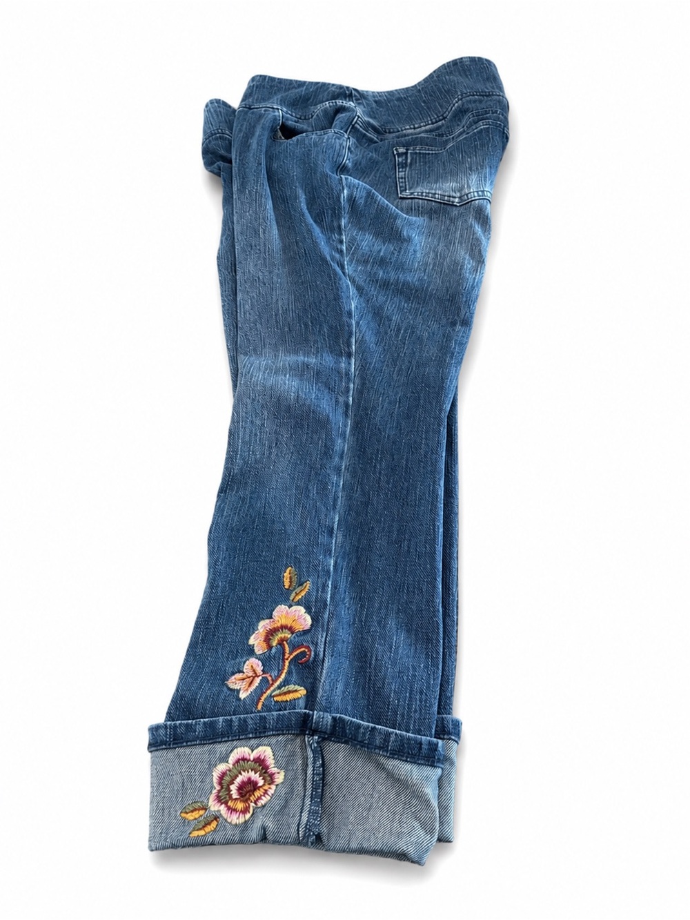 Belle by Kim Gravel Blue Cropped Jeans with Pink & Gold Floral Embroidery